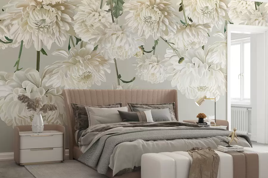 murais de parede Flores de crisântemo brancas com folhas verdes em um fundo cinza claro w08251