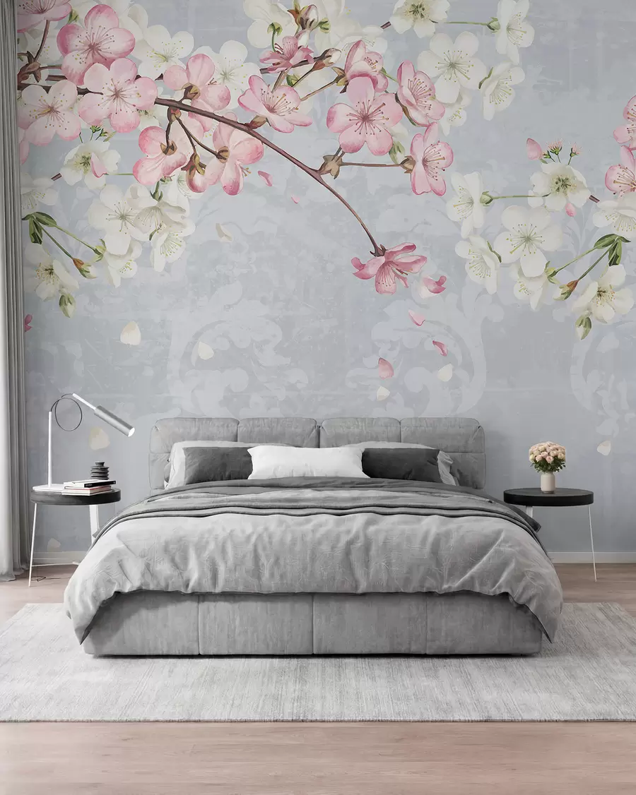 murais de parede Flores de cerejeira rosa e branca em plena floração, com pétalas macias caindo sobre um fundo azul texturizado w08254