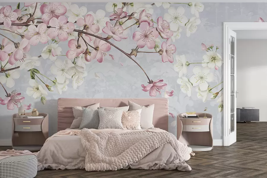 murais de parede Flores de cerejeira rosa e branca em plena floração, com pétalas macias caindo sobre um fundo azul texturizado w08254