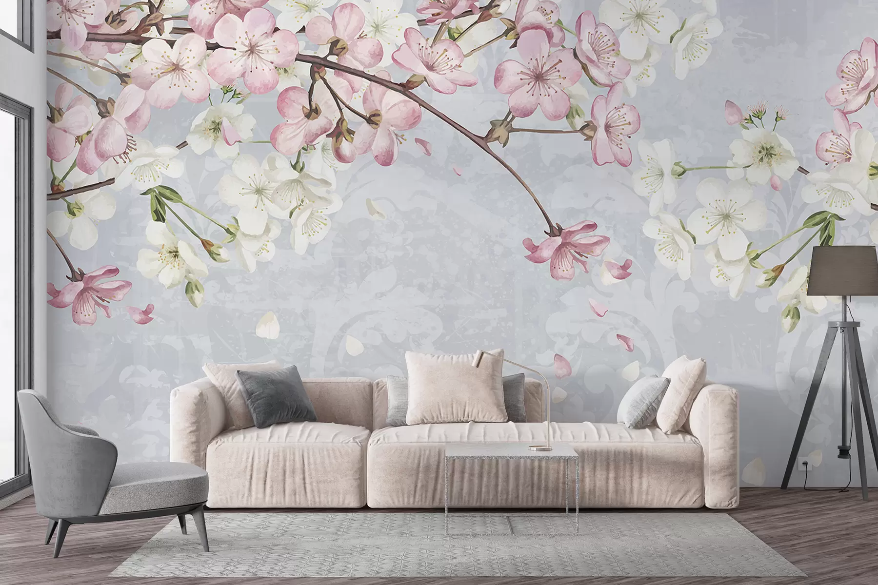 murais de parede Flores de cerejeira rosa e branca em plena floração, com pétalas macias caindo sobre um fundo azul texturizado w08254