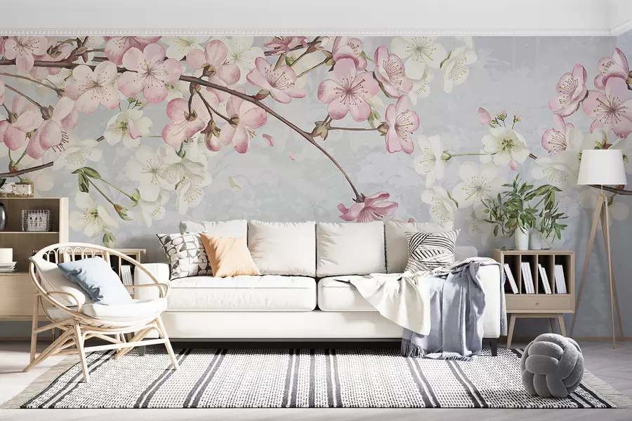 murais de parede Flores de cerejeira rosa e branca em plena floração, com pétalas macias caindo sobre um fundo azul texturizado w08254