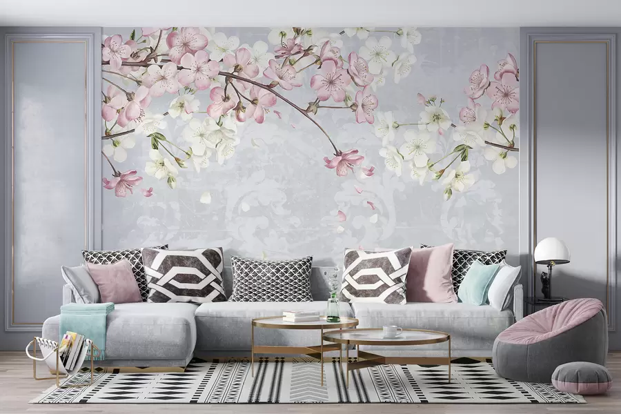 murais de parede Flores de cerejeira rosa e branca em plena floração, com pétalas macias caindo sobre um fundo azul texturizado w08254