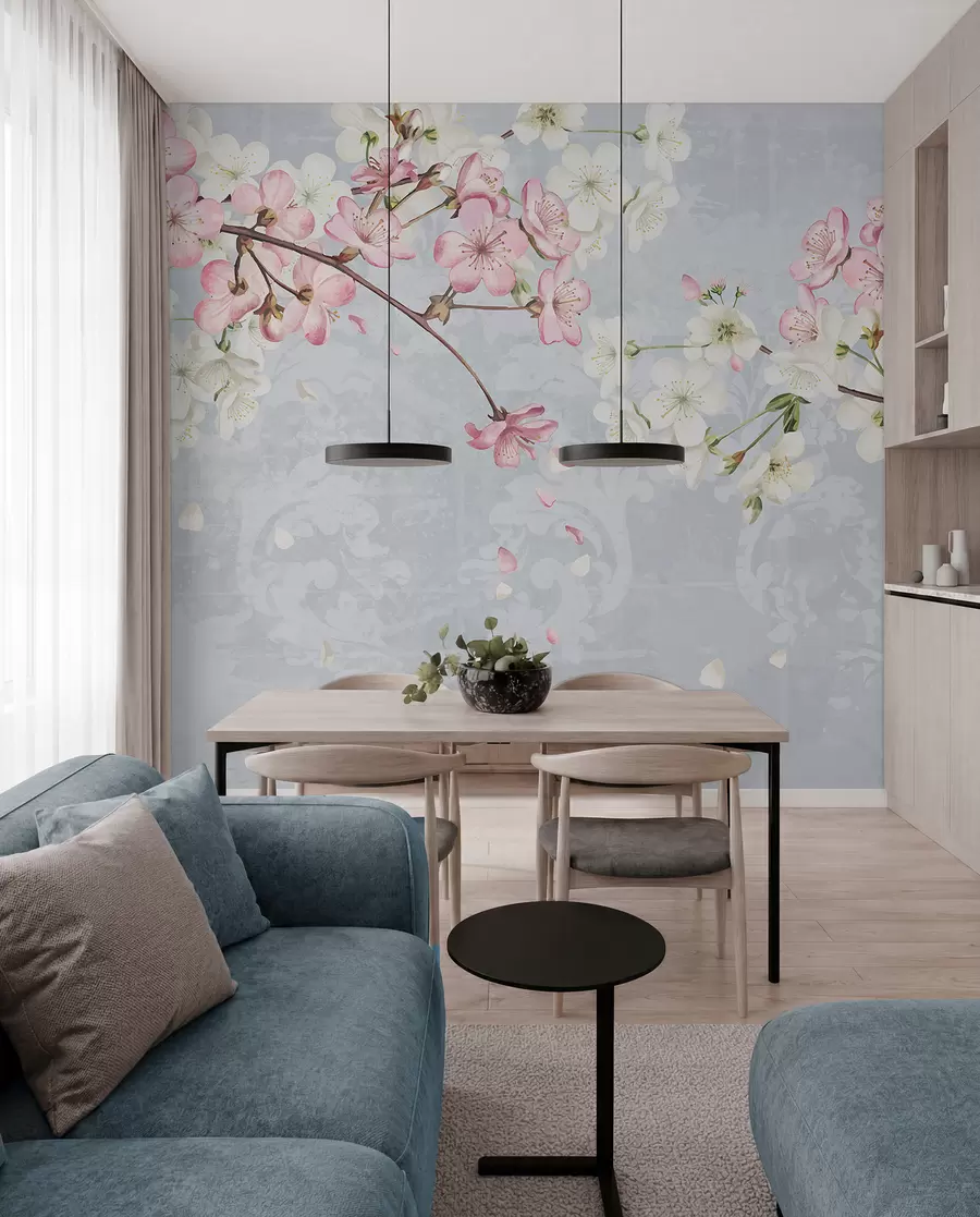 murais de parede Flores de cerejeira rosa e branca em plena floração, com pétalas macias caindo sobre um fundo azul texturizado w08254