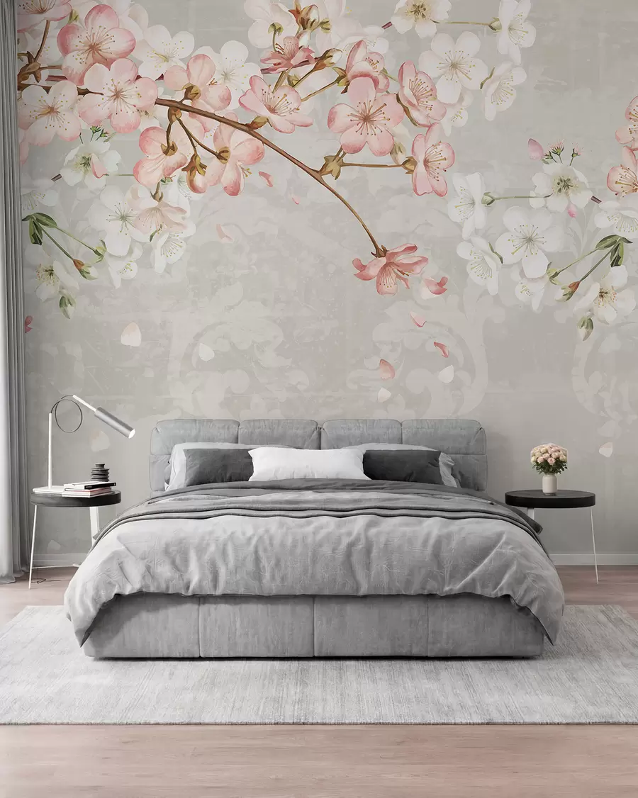 murais de parede Flores de cerejeira rosa e branca em plena floração, com pétalas macias caindo sobre um fundo bege texturizado w08254v1
