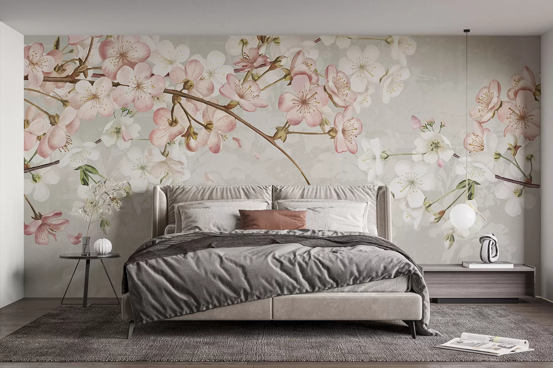 murais de parede Flores de cerejeira rosa e branca em plena floração, com pétalas macias caindo sobre um fundo bege texturizado w08254v1