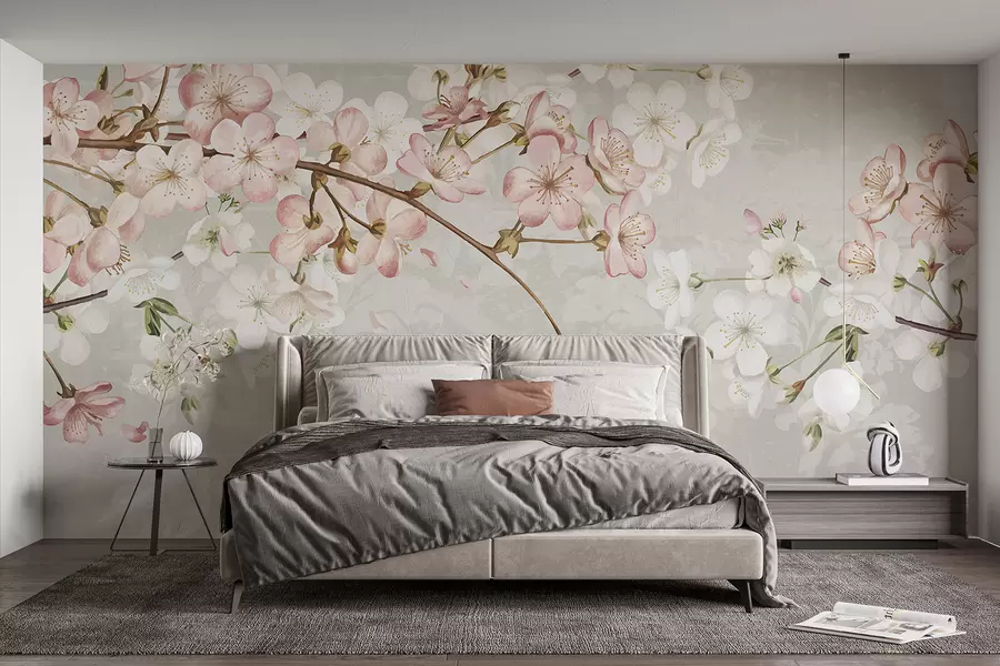 murais de parede Flores de cerejeira rosa e branca em plena floração, com pétalas macias caindo sobre um fundo bege texturizado w08254v1