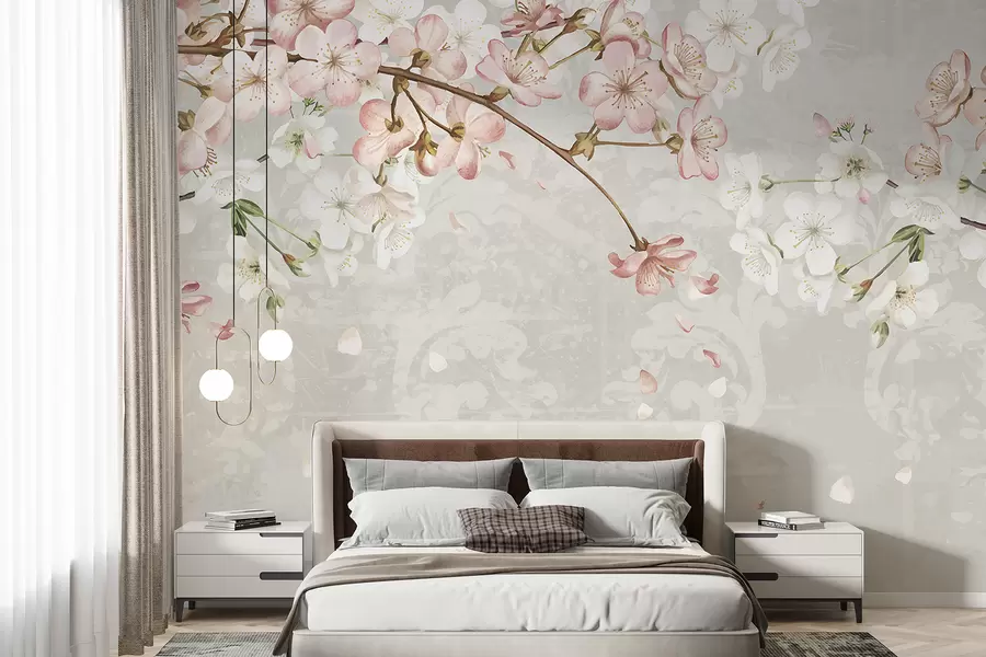 murais de parede Flores de cerejeira rosa e branca em plena floração, com pétalas macias caindo sobre um fundo bege texturizado w08254v1