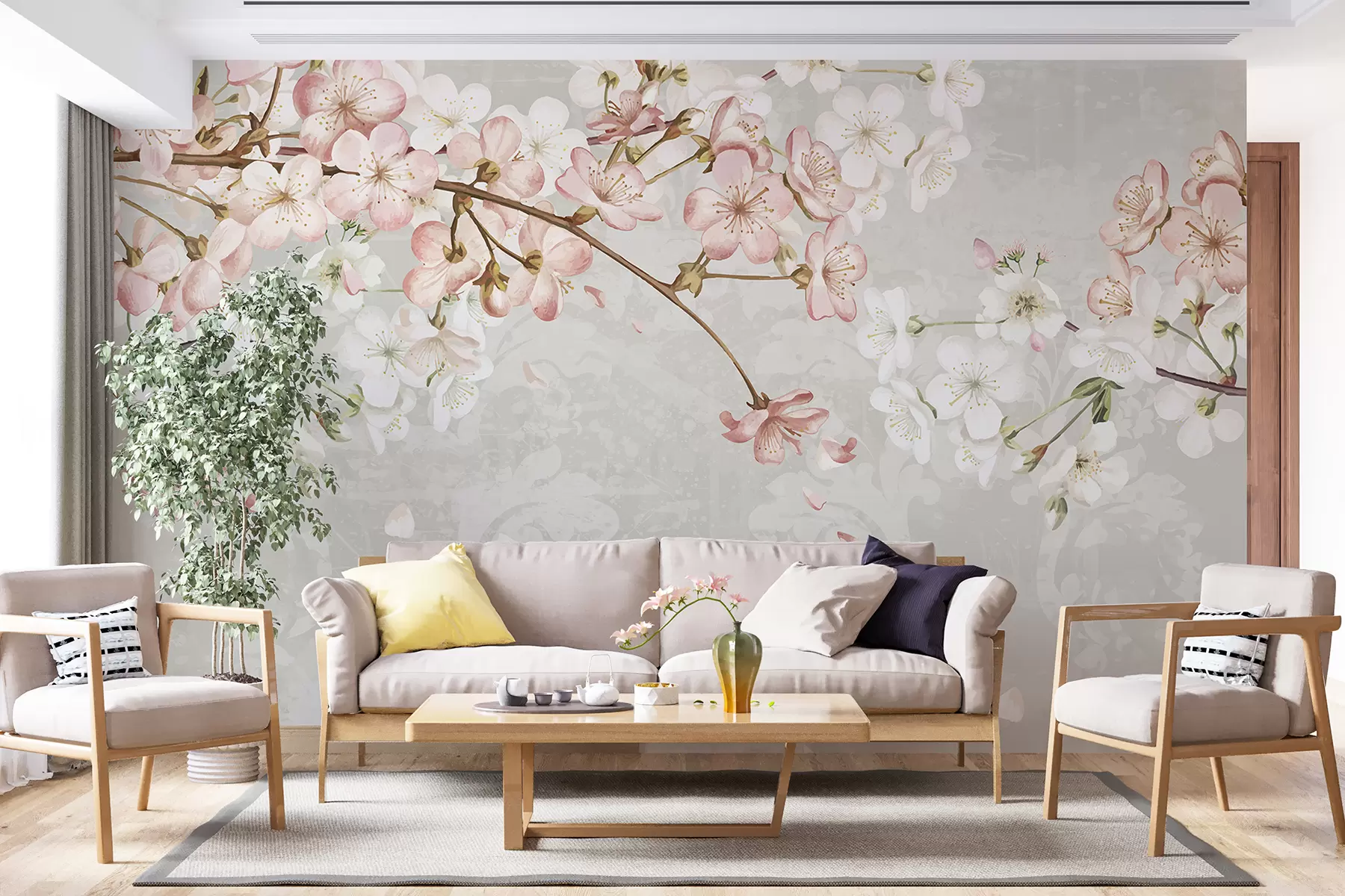 murais de parede Flores de cerejeira rosa e branca em plena floração, com pétalas macias caindo sobre um fundo bege texturizado w08254v1
