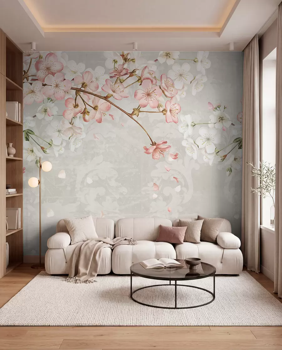 murais de parede Flores de cerejeira rosa e branca em plena floração, com pétalas macias caindo sobre um fundo bege texturizado w08254v1