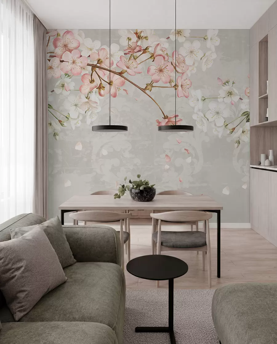 murais de parede Flores de cerejeira rosa e branca em plena floração, com pétalas macias caindo sobre um fundo bege texturizado w08254v1