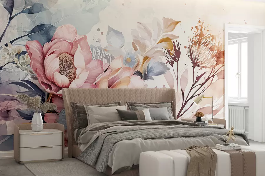 murais de parede Grandes flores rosa e azuis com pétalas delicadas, cercadas por flores menores em um fundo de aquarela w08256