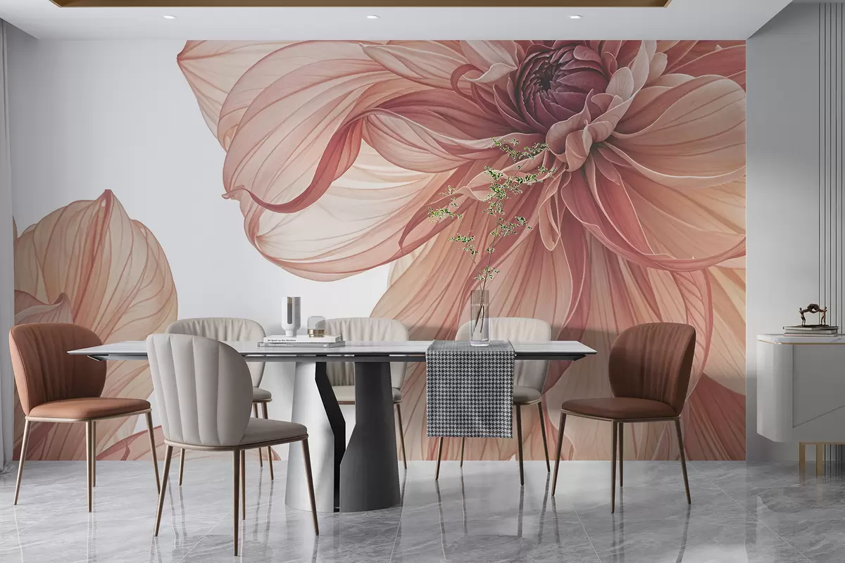 murais de parede Uma visão em close de várias flores grandes e vibrantes de dália vermelha com pétalas suaves e delicadas em um fundo branco w08257