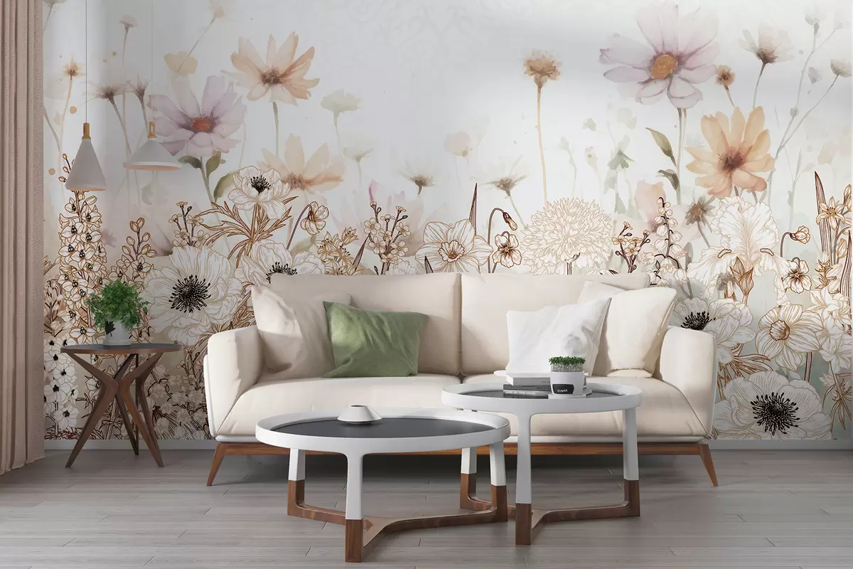 murais de parede Um campo de flores e folhagens brancas, bege e rosa em um fundo floral suave e desfocado w08259