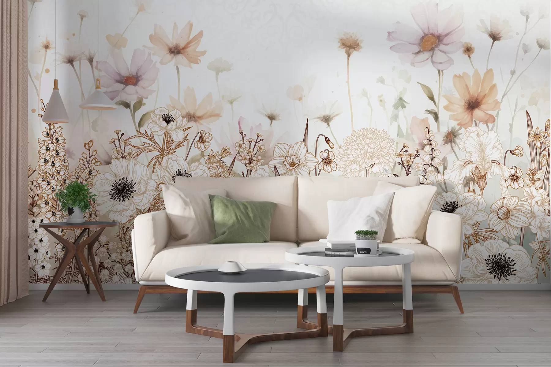 murais de parede Um campo de flores e folhagens brancas, bege e rosa em um fundo floral suave e desfocado w08259