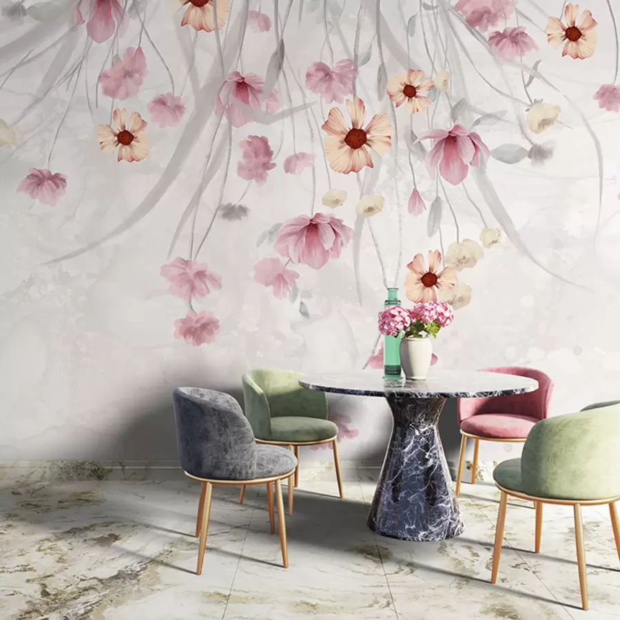 murais de parede Delicadas flores em tons pastéis de rosa e amarelo com centros amarelos em cascata em um fundo suave e desfocado w08261v1