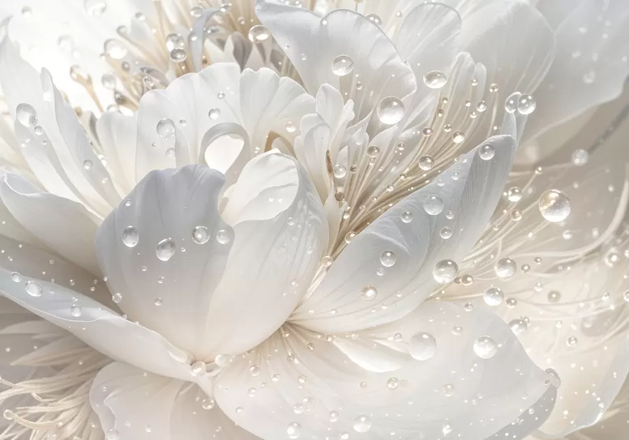 murais de parede Um close-up de uma flor de peônia branca com pétalas delicadas e gotículas de água w08262