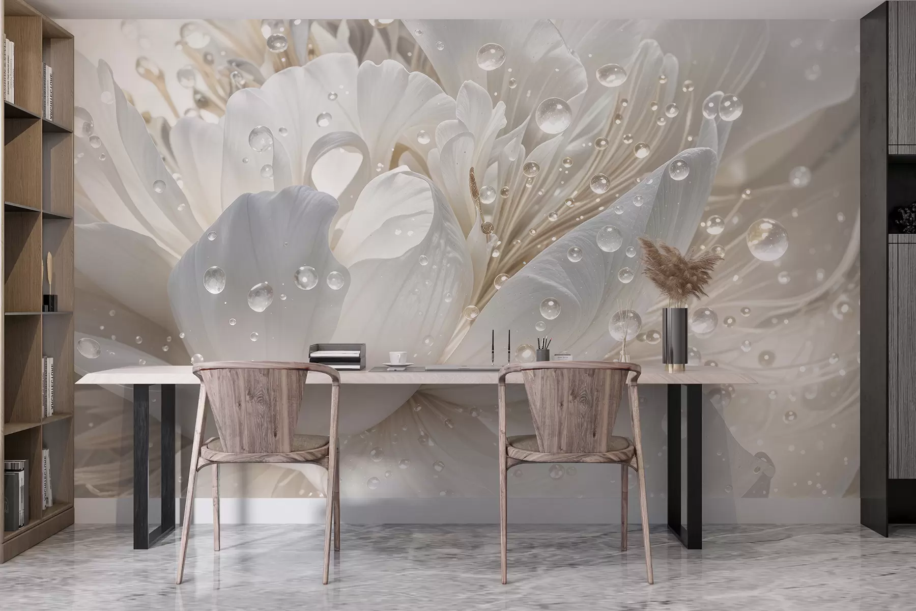 murais de parede Um close-up de uma flor de peônia branca com pétalas delicadas e gotículas de água w08262