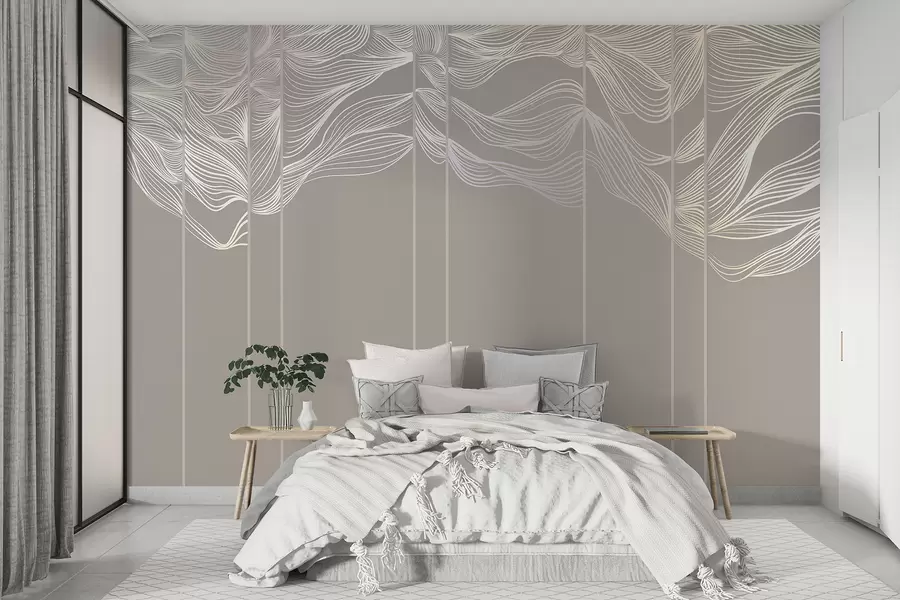 murais de parede Ondas de linhas abstratas brancas fluidas contra um fundo marrom claro w08263