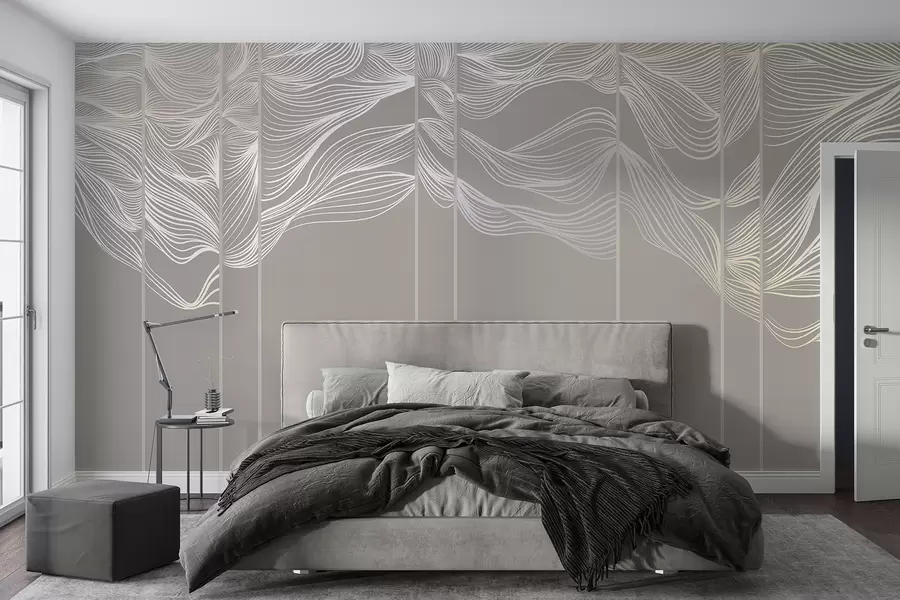 murais de parede Ondas de linhas abstratas brancas fluidas contra um fundo marrom claro w08263