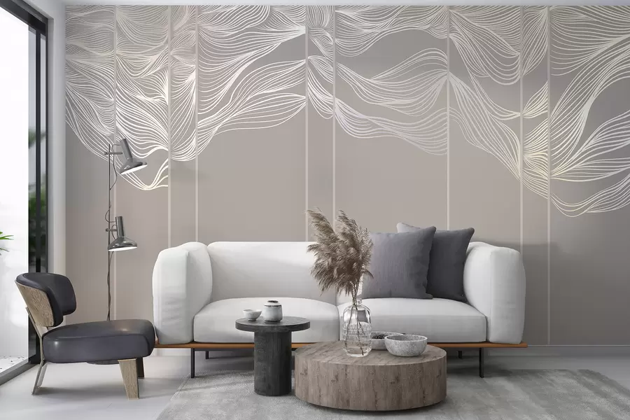 murais de parede Ondas de linhas abstratas brancas fluidas contra um fundo marrom claro w08263