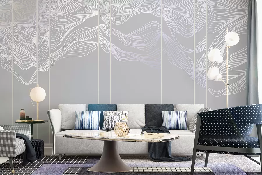 murais de parede Ondas de linhas abstratas brancas fluidas em um fundo cinza claro w08263v1