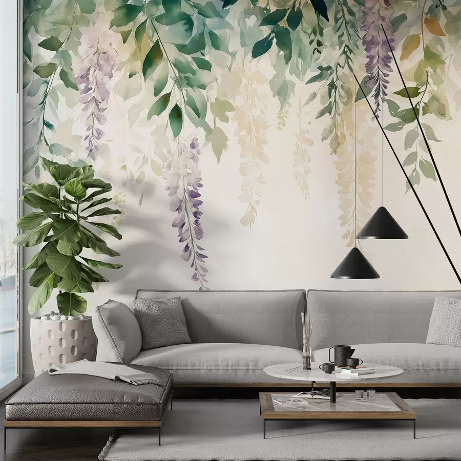 murais de parede Ornamento de flor de glicínia, floral, aquarela, cores naturais w01545