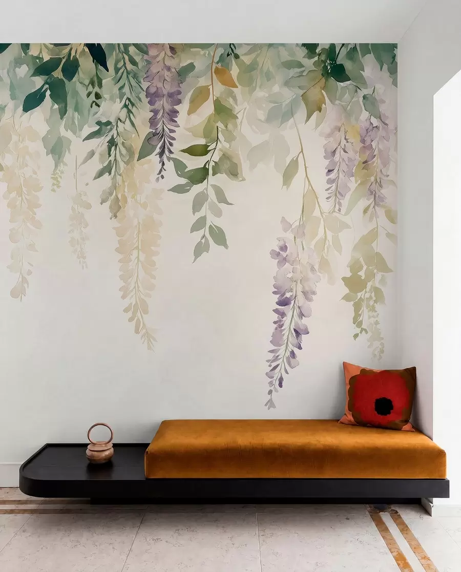 murais de parede Ornamento de flor de glicínia, floral, aquarela, cores naturais w01545