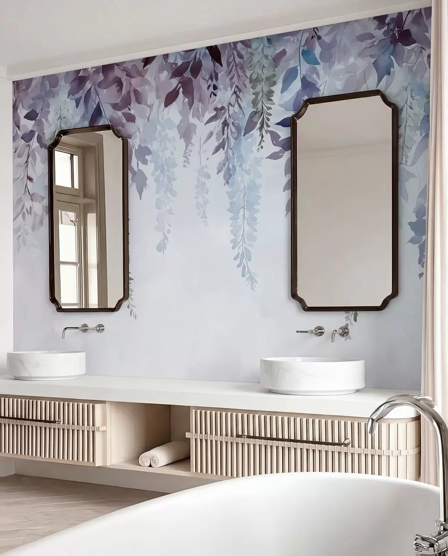 murais de parede Ornamento de flor de glicínia, floral, aquarela, cores azul e roxa w01545v1