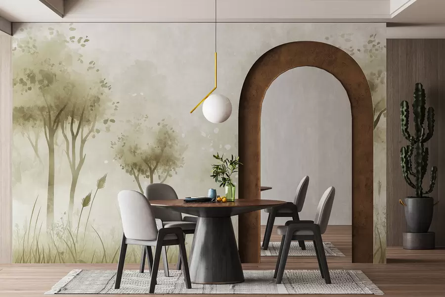 murais de parede Floresta em aquarela com grama e árvores, cor verde w01546v1