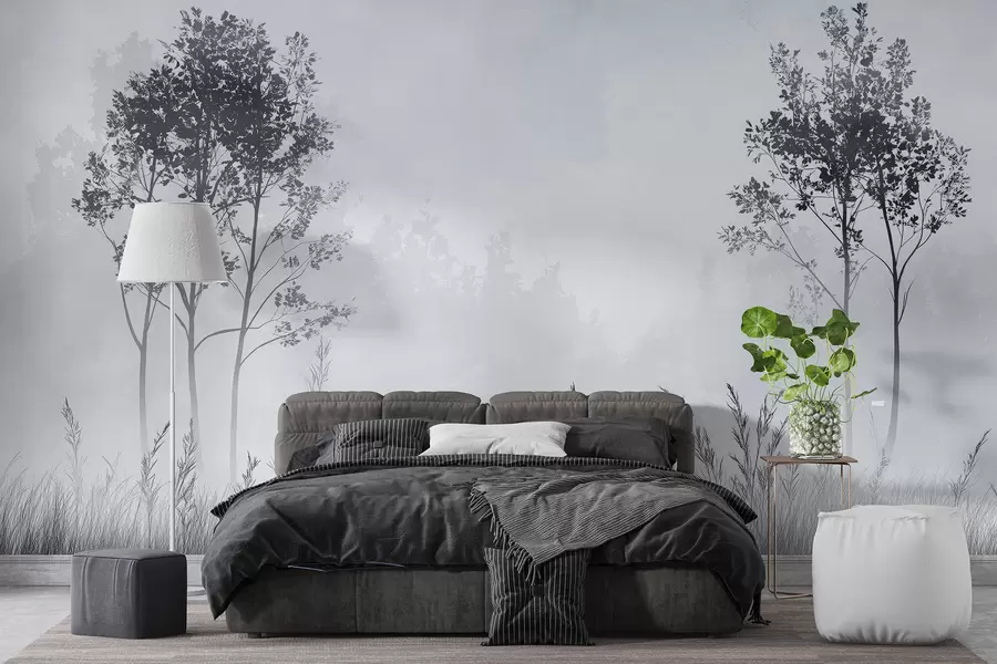 murais de parede Floresta com neblina, paisagens naturais, prado, árvores, cor cinza w01547v1