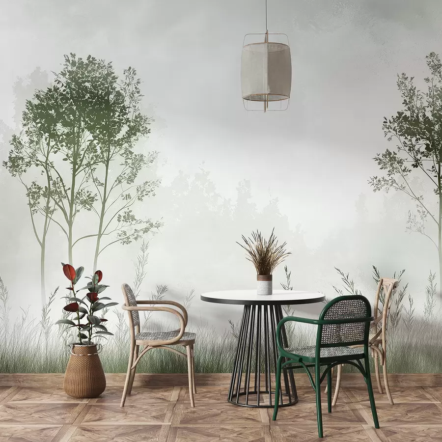 murais de parede Floresta com neblina, paisagens naturais, prado, árvores, cor verde w01547v2