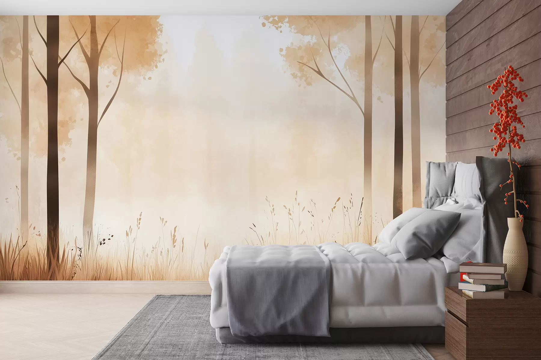 murais de parede Floresta em aquarela, neblina, árvores, grama, paisagem natural, cor bege w01563