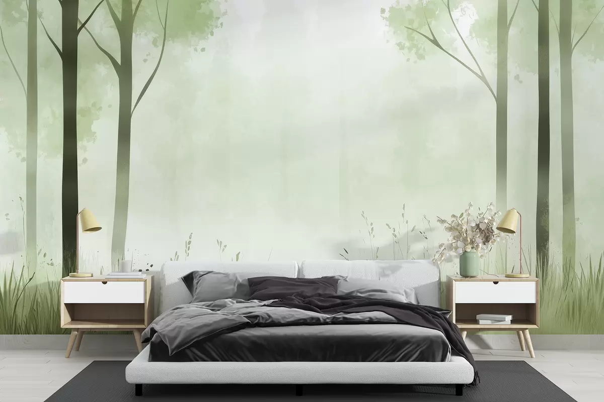 murais de parede Floresta em aquarela, neblina, árvores, grama, paisagem natural, cor verde w01563v2