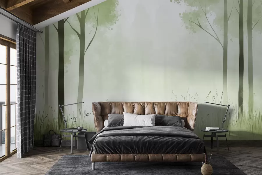murais de parede Floresta em aquarela, neblina, árvores, grama, paisagem natural, cor verde w01563v2