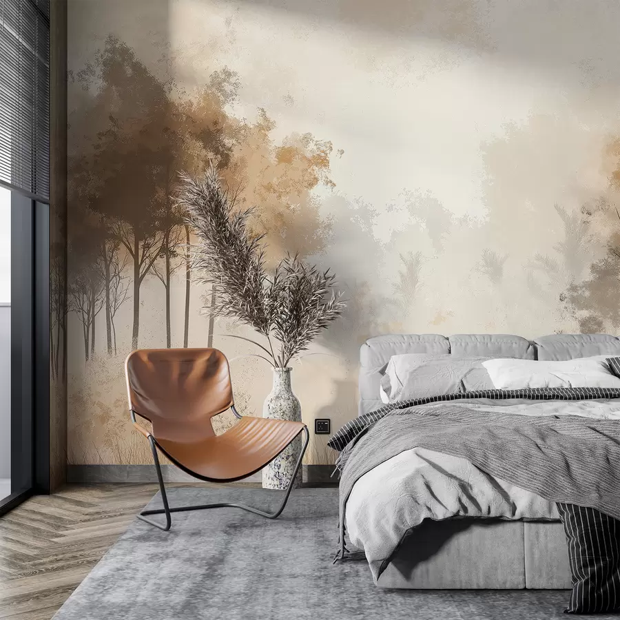 murais de parede Paisagens naturais, árvores na floresta, textura grunge, cores bege w01564