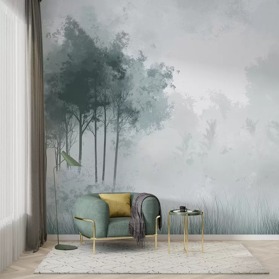 murais de parede Paisagens naturais, árvores na floresta, textura grunge, cores cinza w01564v1
