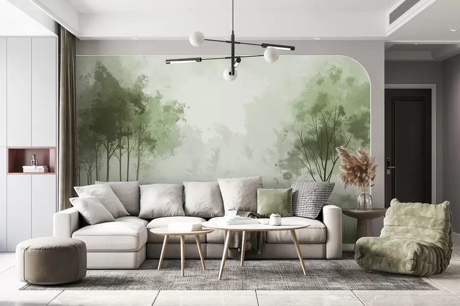 murais de parede Paisagens naturais, árvores na floresta, textura grunge, cores verdes w01564v2