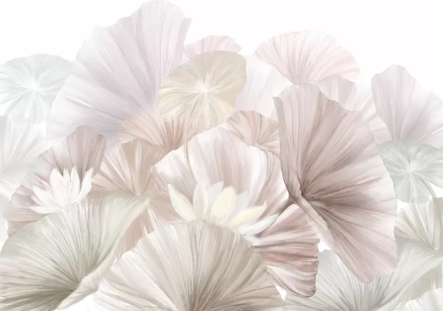 murais de parede Delicadas folhas de lótus rosa com flores brancas com pétalas macias e emplumadas dispostas em uma composição artística natural w08265v1