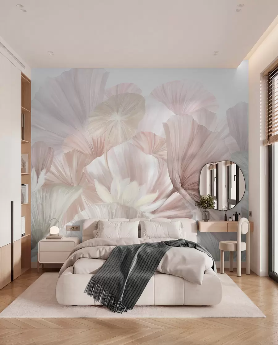 murais de parede Delicadas folhas de lótus rosa com flores brancas com pétalas macias e emplumadas dispostas em uma composição artística natural w08265v1