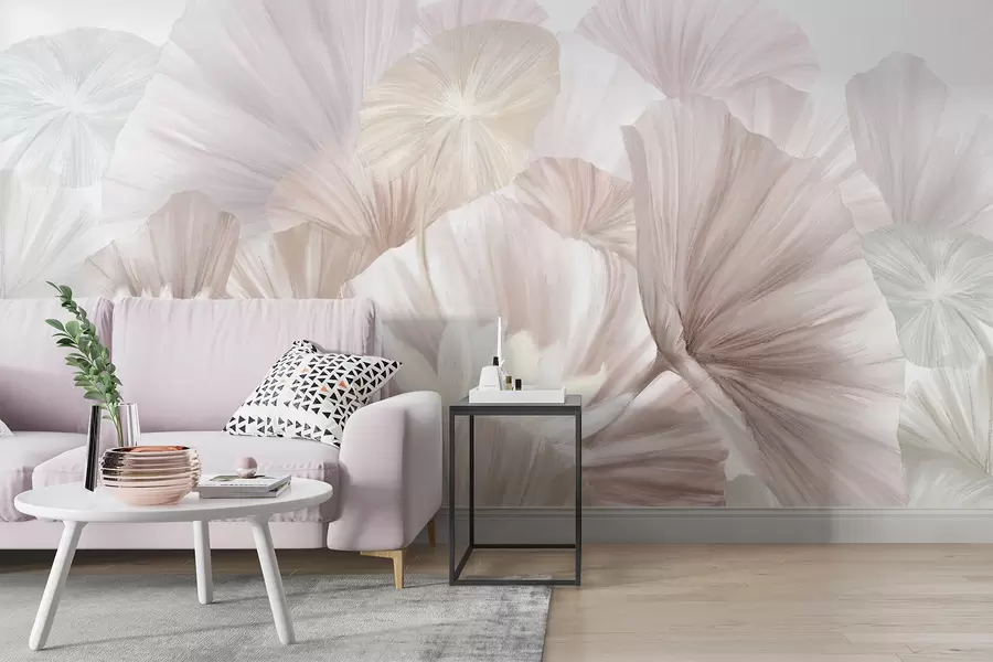 murais de parede Delicadas folhas de lótus rosa com flores brancas com pétalas macias e emplumadas dispostas em uma composição artística natural w08265v1