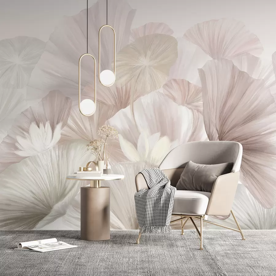 murais de parede Delicadas folhas de lótus rosa com flores brancas com pétalas macias e emplumadas dispostas em uma composição artística natural w08265v1