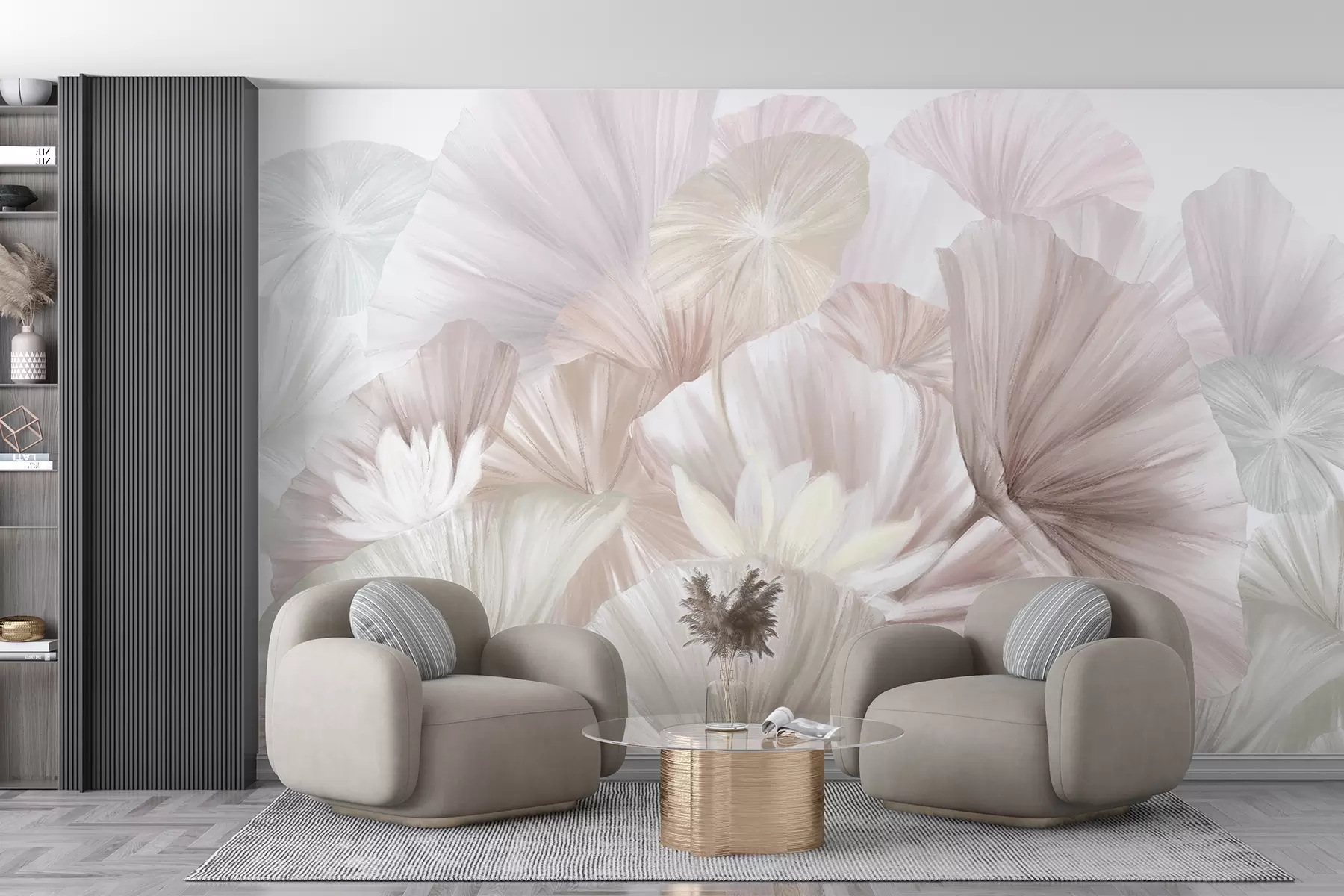 murais de parede Delicadas folhas de lótus rosa com flores brancas com pétalas macias e emplumadas dispostas em uma composição artística natural w08265v1