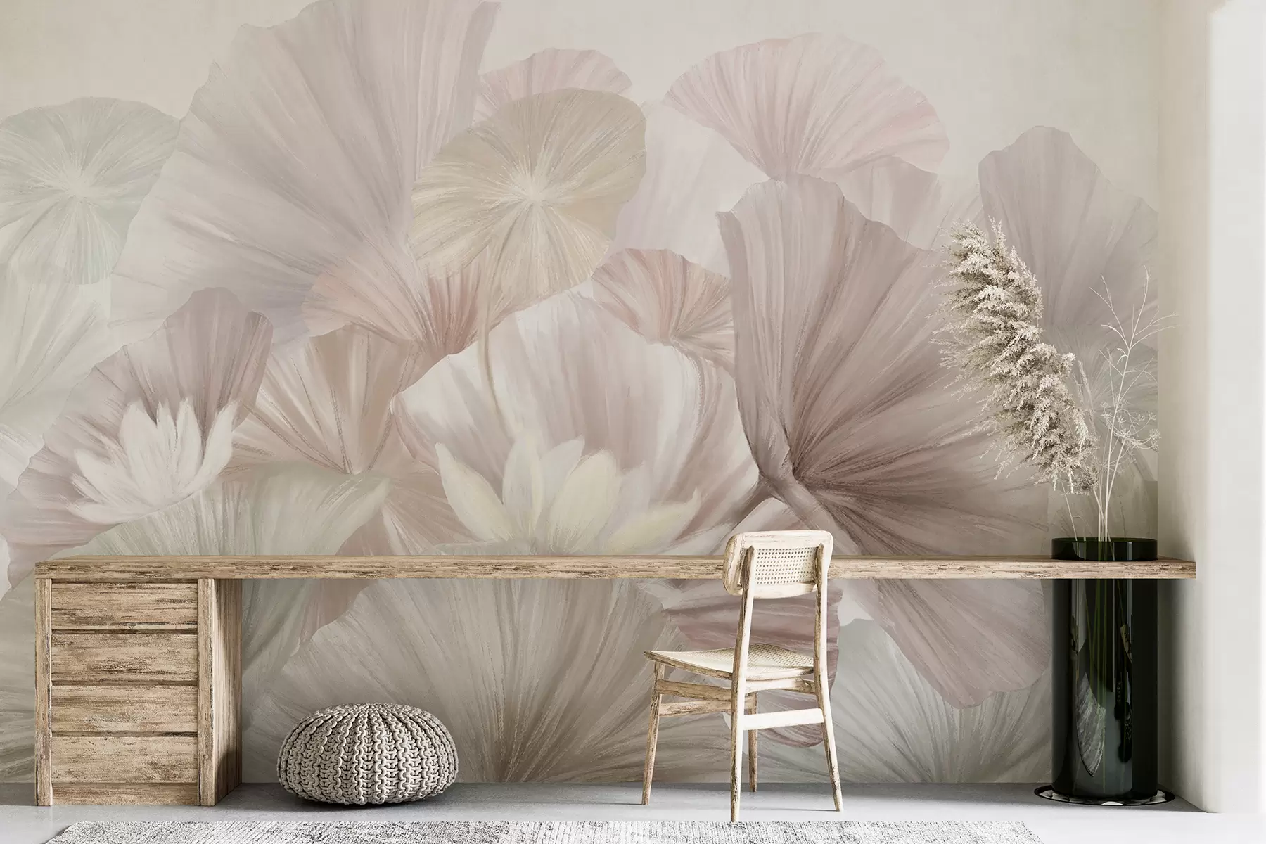 murais de parede Delicadas folhas de lótus rosa com flores brancas com pétalas macias e emplumadas dispostas em uma composição artística natural w08265v1