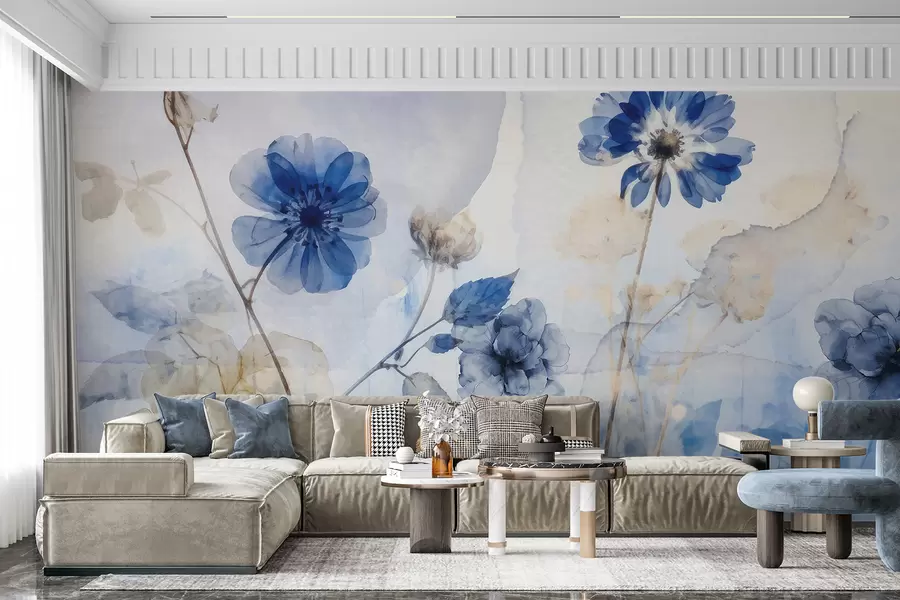 murais de parede Flores transparentes em aquarela azul e branca em um campo, com fundo abstrato suave e desfocado w08270
