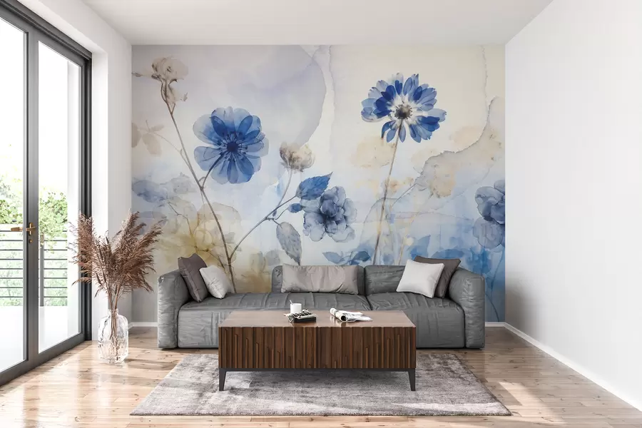 murais de parede Flores transparentes em aquarela azul e branca em um campo, com fundo abstrato suave e desfocado w08270