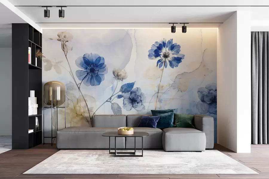 murais de parede Flores transparentes em aquarela azul e branca em um campo, com fundo abstrato suave e desfocado w08270