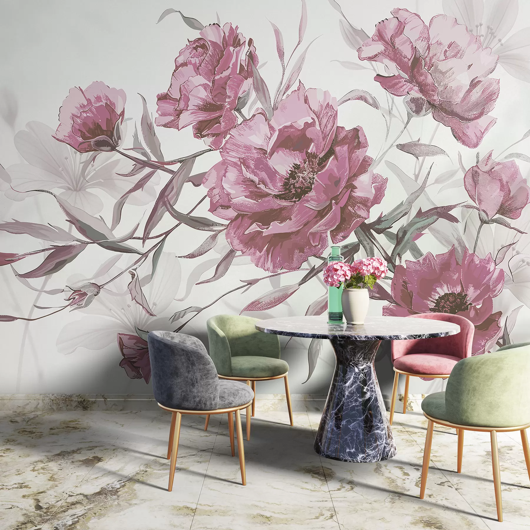 murais de parede Pintura de peônias rosa com folhagem exuberante em um fundo abstrato claro w08274