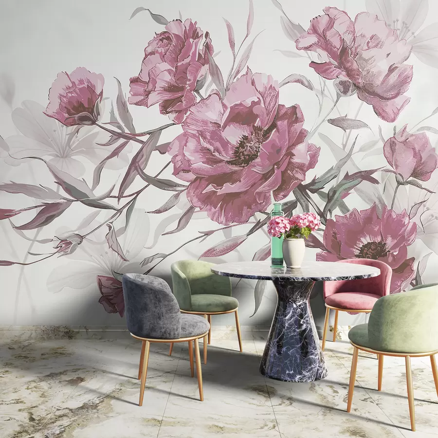 murais de parede Pintura de peônias rosa com folhagem exuberante em um fundo abstrato claro w08274