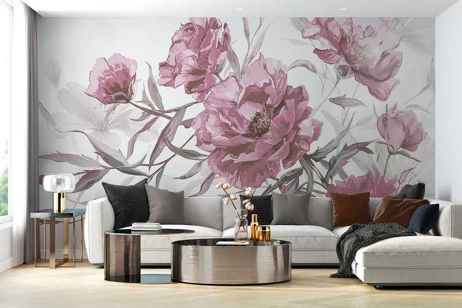 murais de parede Pintura de peônias rosa com folhagem exuberante em um fundo abstrato claro w08274