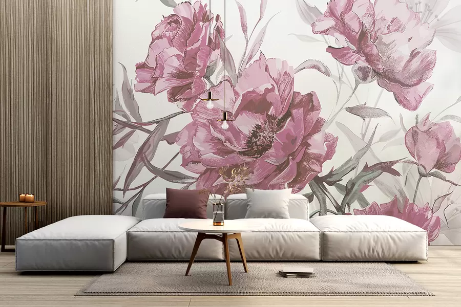 murais de parede Pintura de peônias rosa com folhagem exuberante em um fundo abstrato claro w08274